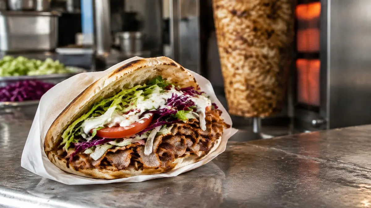 Döner im Fladenbrot mit Salat und Soße vor einem Drehspieß