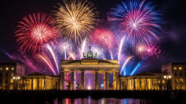 Buntes Feuerwerk über dem Brandenburger Tor in der Silvesternacht