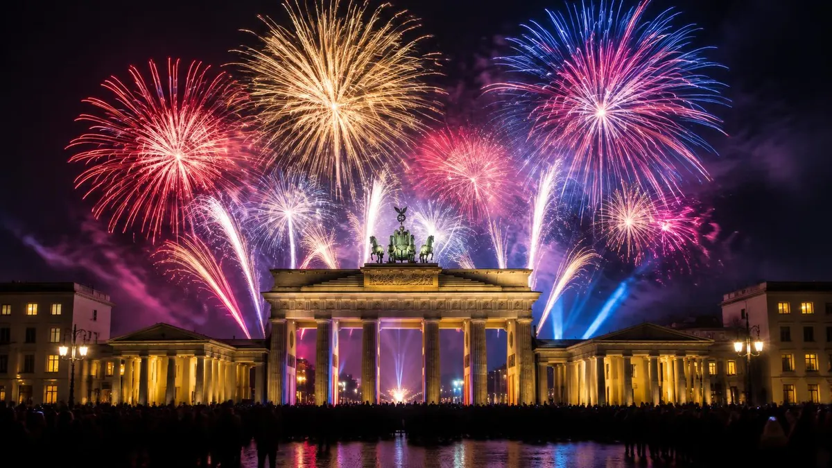 Buntes Feuerwerk über dem Brandenburger Tor in der Silvesternacht