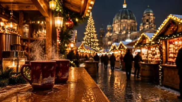 Dampfende Glühweintassen an einem Holzstand auf einem Berliner Weihnachtsmarkt